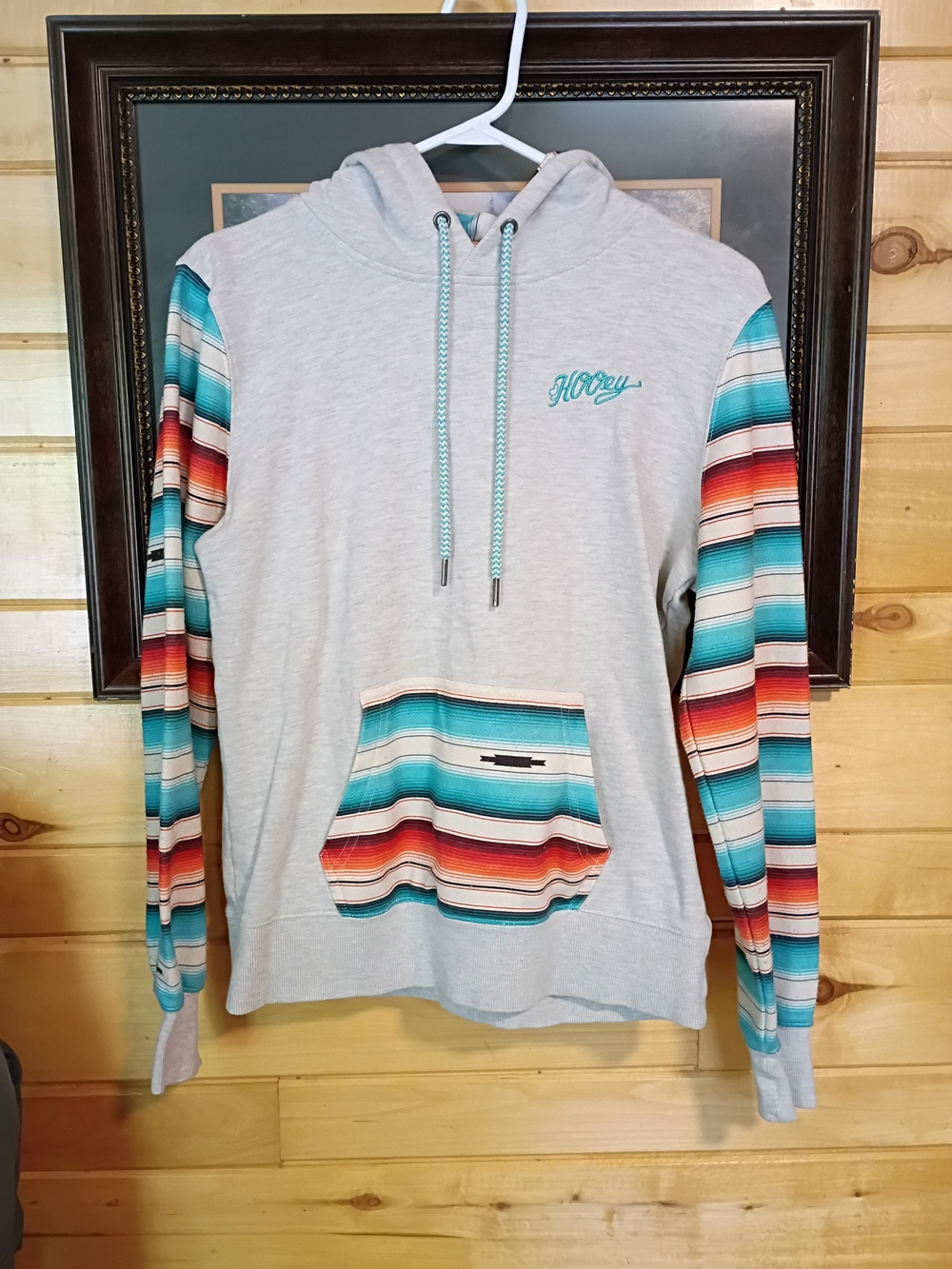 Hooey Light Gray Hoodie with Turquoise & Multicolor Serape Sleeves